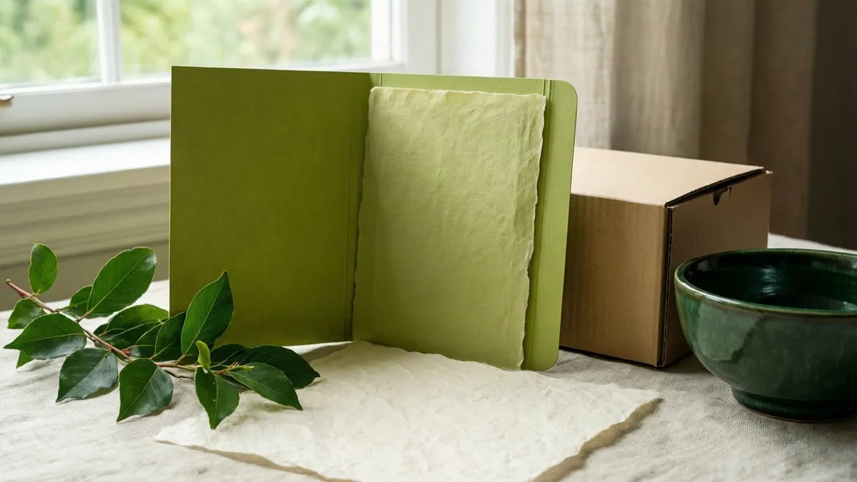 Una cartellina di carta verde mela aperta su un tavolo di lino chiaro, con un rametto di foglie, un foglio di carta avorio, una scatola di cartone naturale e una ciotola di ceramica verde scuro