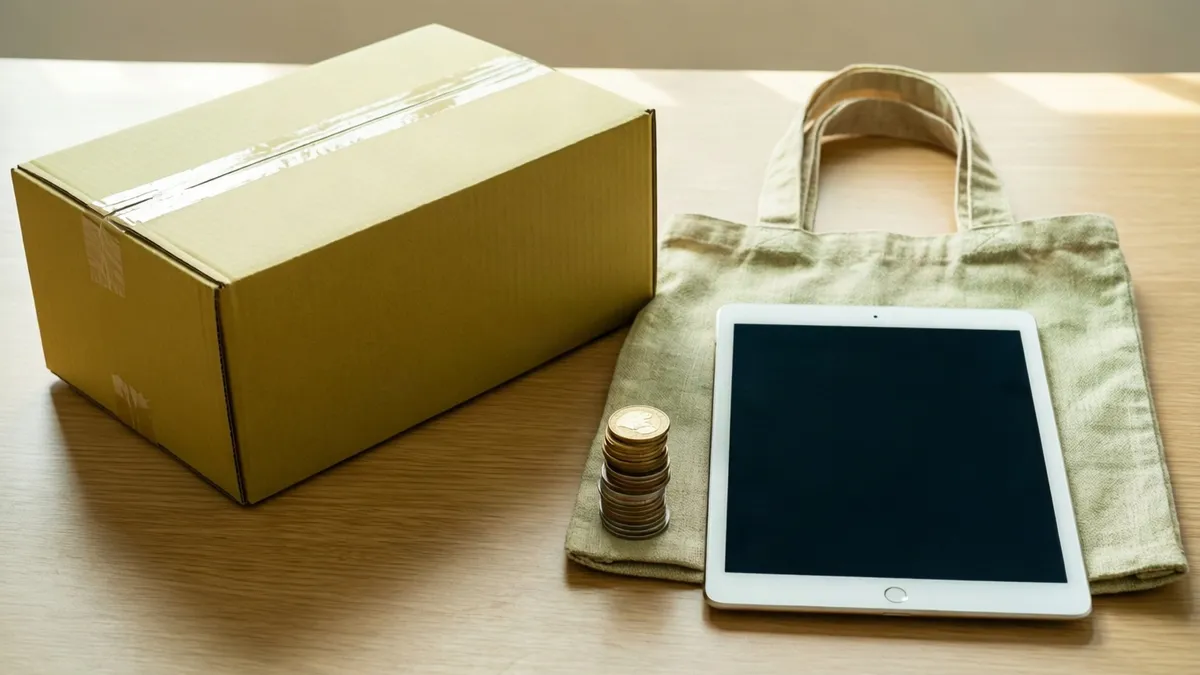 Sulla scrivania di legno, una scatola di cartone sigillata, una borsa di tela verde chiaro, un tablet bianco e una pila di monete dorate.