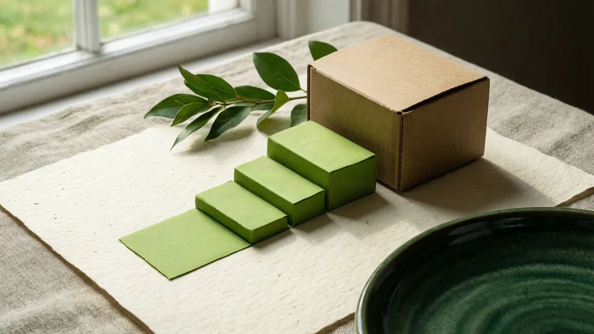 Tre blocchi di carta verde mela di altezza crescente su un foglio avorio, accanto a una scatola di cartone naturale, un rametto di foglie e una ciotola di ceramica verde scuro