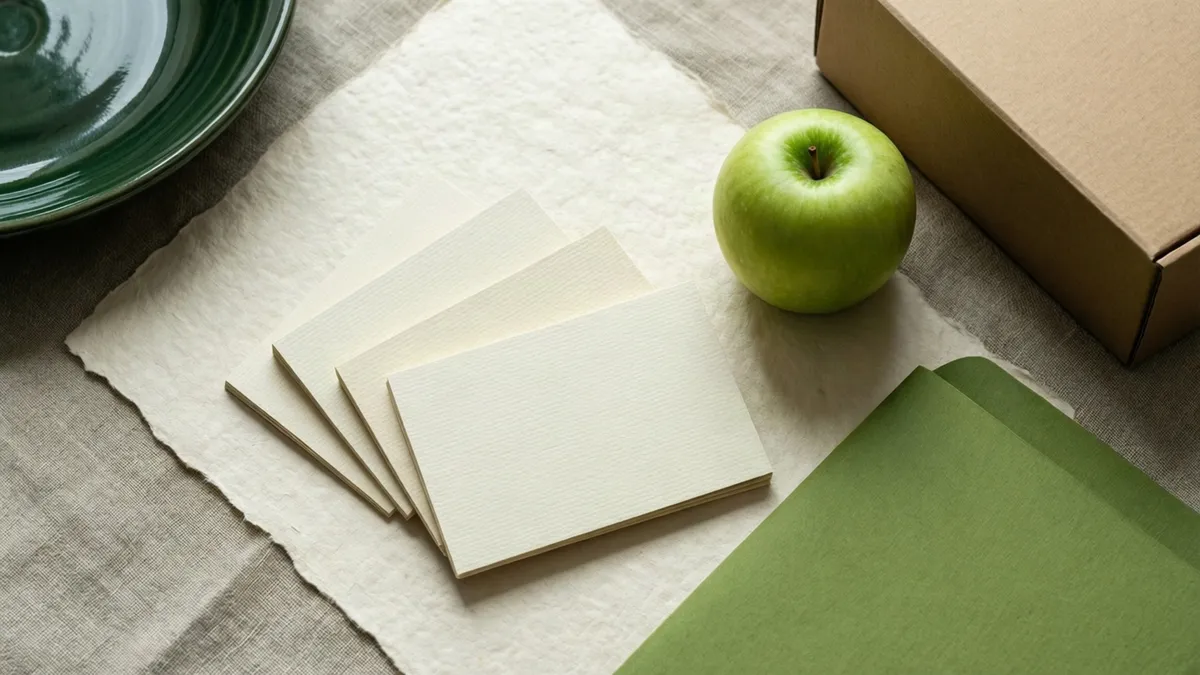 Mela verde, scatola di cartone, carta bianca e ciotola verde scuro su un tavolo di legno con foglie.