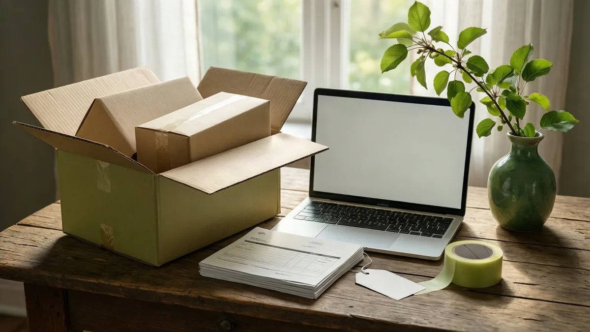 Una scatola di cartone aperta con un pacco dentro, un laptop, un vaso verde con foglie, nastro adesivo e fogli su un tavolo di legno vicino a una.